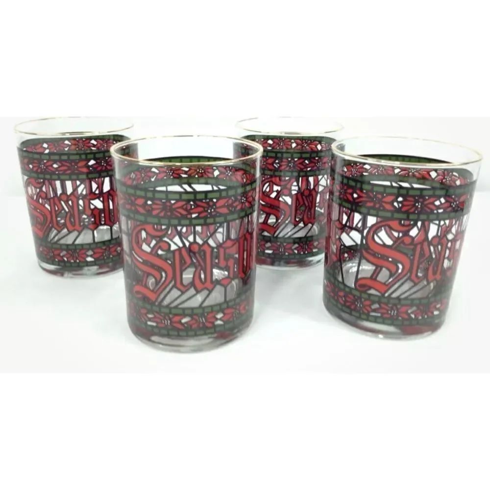 VTG Lot of 4 Houze Seasons Greetings Christmas Cups Tumbler Stained Glass Design